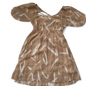 Lush Tan and White Puff Sleeve Midi Sundress with Open Back